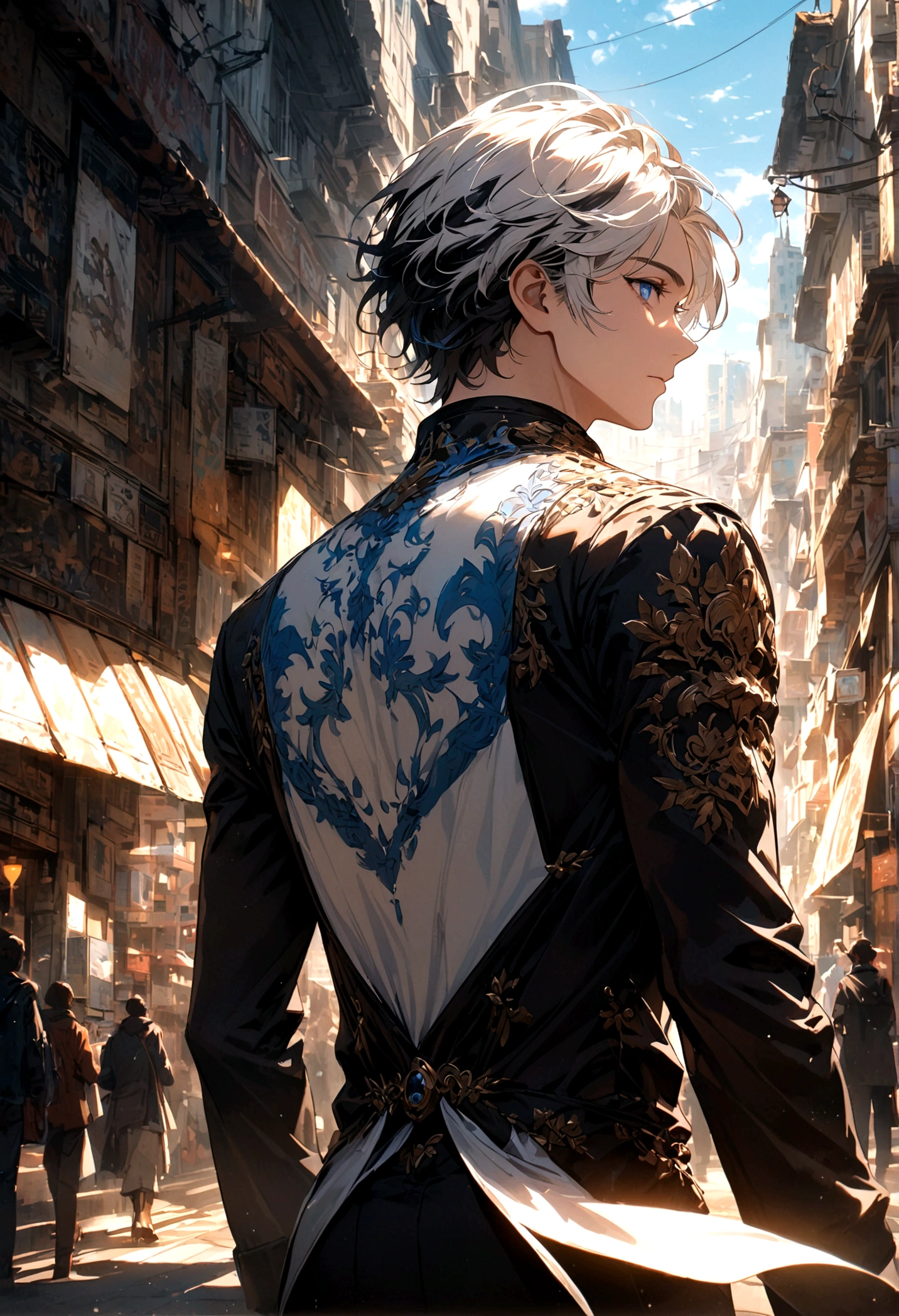 A man with black and white highlighted hair and blue eyes, standing alone with his back turned, half-faced, wearing normal clothes in the middle of the city during the day.