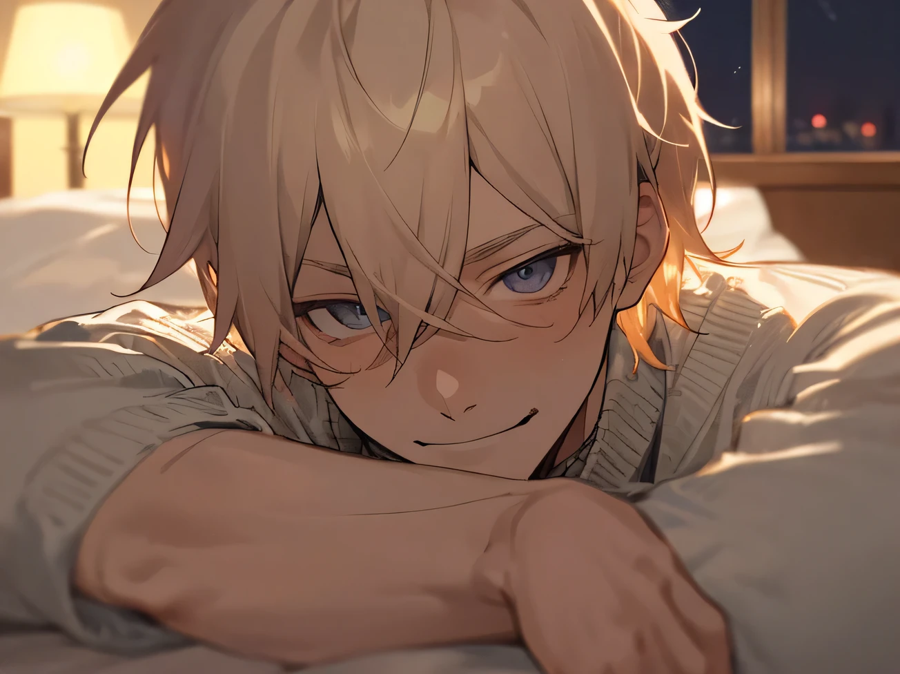 Working Adults.,male,Handsome,Cool vibe,I,Blonde,mash,Gloomy mood(Masseter muscle area,Viewer Perspective,Upper Body,Face close-up,Horny,Wicked Smile,Yandere atmosphere,,Night atmosphere,sweater,,Hotel room bed