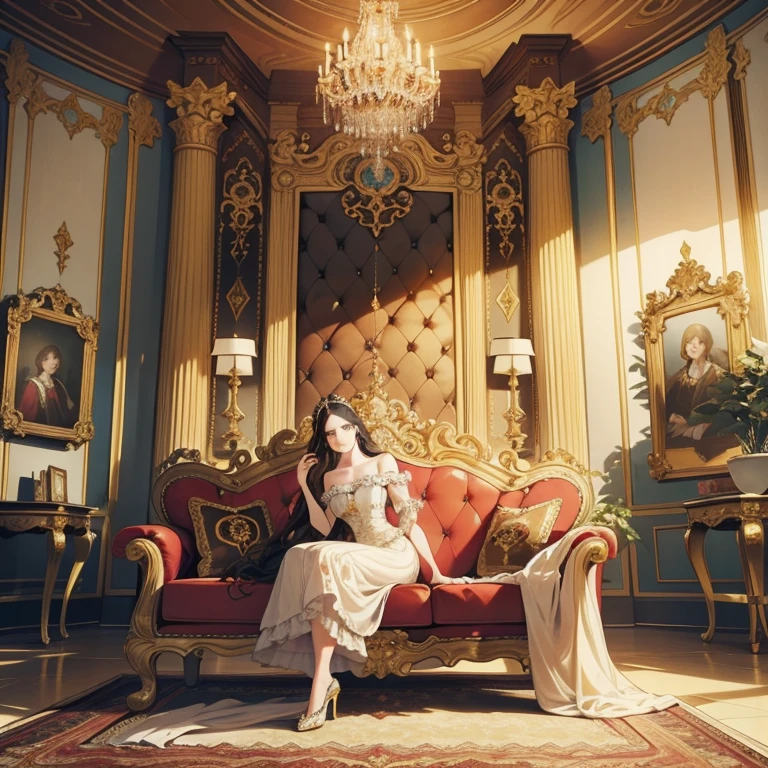 There is a picture of the living room，There are a lot of furniture inside, Royal interior, elegant render, Luxurious Rococo Baroque style, Luxurious environment, elegant baroque style, Rococo style, classicism artstyle, The fusion of Rococo and Art Nouveau, Luxurious HD rendering, Rococo Art Style, extremely opulent, Rococo and Baroque, neoclassical style