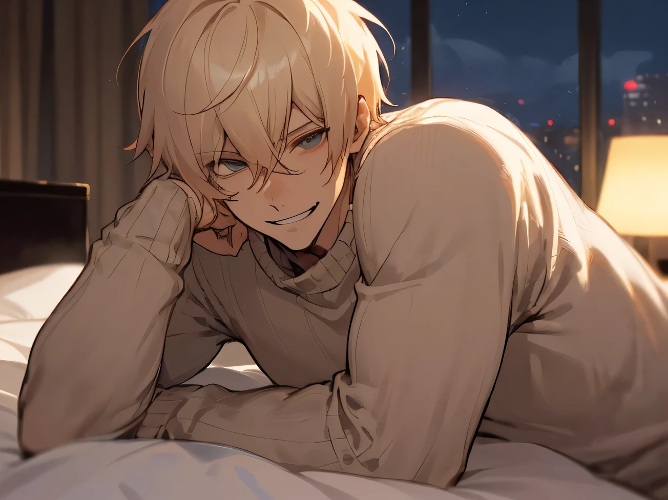 Working Adults.,male,Handsome,Cool vibe,I,Blonde,mash,Gloomy mood(Masseter muscle area,Viewer Perspective,Upper Body,Face close-up,Horny,Wicked Smile,Yandere atmosphere,,Night atmosphere,sweater,,Hotel room bed