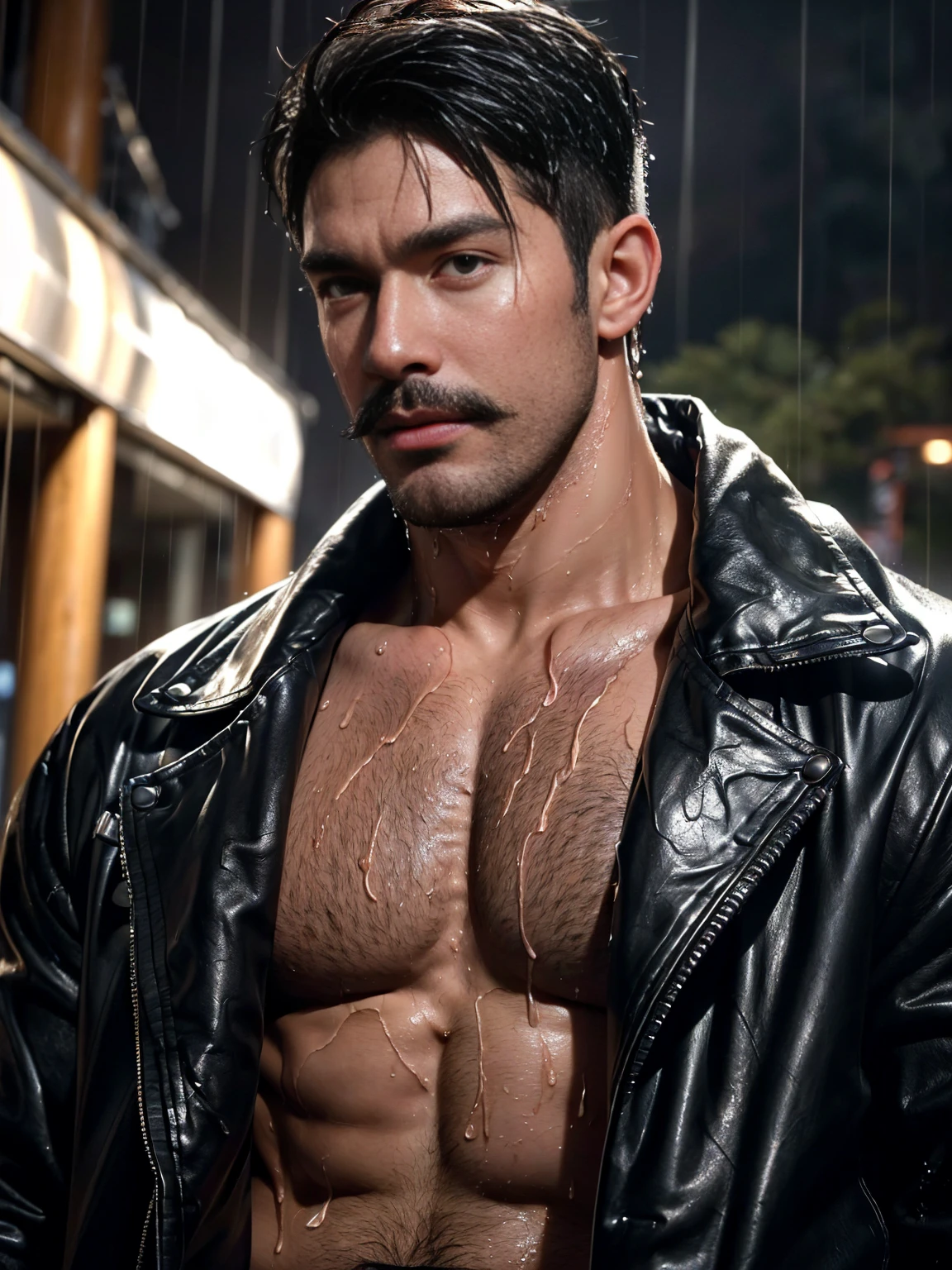 copy performance(((martial arts superstar)),Black pants, Realist:1.3,( fotorRealist, 8K, original photo, high quality, masterpiece, Epic Lighting. close up, Central Image), (prospect),((1 handsome young man,confidence、Muscle symmetry, Post-apocalyptic, Guerrero, Rostro y cuerpo perfectamente detallados, (prospect), Rainy Scene, Poor lighting due to rain,(( My face and body are wet from the rain:1.5)),lightning, dynamic poses, beautiful fine hair, leather jacket)), ((imaginative scenes)),((perfect, Carefully.:1.3)), ((panoramic: 1.4)), ((best quality )), ((masterpiece)), 3d, (Super detailed: 1.3), ((epic scenery: 1.3)), ((night background: 1.3 ))), (((night:1.2))), ( lifelike: 1.4), ((front camera)),( (Low-light night cinematic lighting: 1.2)). 32, hairy, (Chest hair:1.8) ! High detail 8K)! ((Realistically)), ! 186 cm! 70 kilograms! Popular clips! ( High-detail 8k ((realistically)), Exposed chest muscle and chest hair!, best quality, bright lighting, focus, theater! 35 years old, hairy breasts, thick hair Adam Dario Kier screenshot, Reddit, photo realism, gray hair!real photos!Thick moustache!(Chest hair:1.5)Real photos!