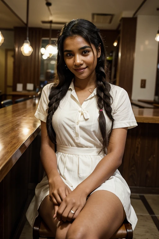 Cinematic view, photo realistic image, Sri Lankan school girl, 20 years old, wearing a white frock and a colored tie. She has plaits, black braided long black hair, tanned color, natural skin, Sri Lankan girl, sitting in a chair, cross legs, wearing very short socks and sneakers, smiling, night bar, at night bar, hands on the table, view away of the camera, portrait photo, depth of field. vintage filter, thinking about something, deep thinking mood, photography