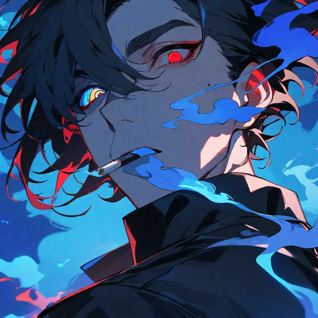 solo, handsome, 1 male, short hair, black hair, blue&red eyes, Odd Eye, Fully red glowing eye, black light, black coat, smoke, smoking, blue fire