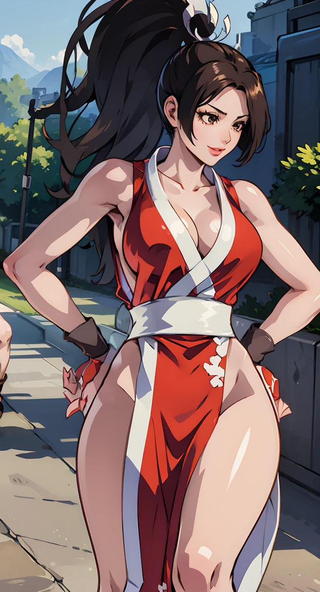 (Mai Shiranui),__body parts__, official art, 8k unit wallpaper, ela esta mostrando a lateral, pose lateral, ultra detailed, beautiful, masterpiece, Super fine photo, high quality, super tall resolution, photorealistic, sunlight, smile, elegant dress, jewelry, in Birthday , amusement park, beautiful, highly detailed skin, realistic skin details, visible pores, sharp focus, digital SLR camera,