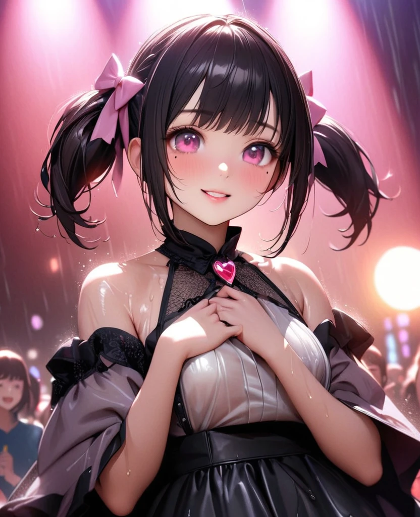 One Girl、Looking at the audience、lovely,
Beautiful pink eyes、short twin tail hair , Mole under the eye、Plump and glossy lips、Heart-shaped choca、Idol、Her name is Rico,smile、ー、。.。.。.。.。.。.。.。.。.。.。.。.。.。.。.。.。.。.3D、Realistic、
The idol's costume was soaked in the heavy rain, and her chest was wet and transparent.Heavy rain at outdoor concert, Drape clothes、gem、The decoration has been removed、Floral、Lace trim,On a glittering stage、
masterpiece、highest quality、8k、Detailed skin texture、Detailed cloth texture、Beautifully detailed face、Intricate details、Very detailed、
超A high resolution、8k Ultra HD、Film Grain、Best Shadow、delicate、Gazing at the audience、front