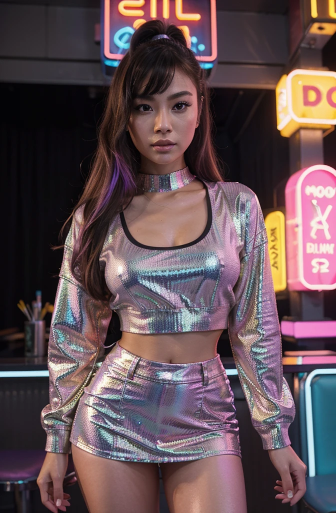 “Develop an HD Ultra Realistic image of Young Attractive Asian Woman Sophie Tan posing in a Y2K fashion scene. Sophie is outfitted in a holographic jacket over a neon crop top and matching mini skirt, paired with knee-high boots. The backdrop features a retro diner with neon signs and chrome accents. Capture this image using a professional camera with a 35mm lens, highlighting Sophie’s dynamic pose and the iridescent tones of her outfit (1.3). The diner setting should be blurred to keep Sophie as the focal point, with post-production enhancing the neon lighting, adding a soft vignette effect, and using a pastel filter to match the Y2K editorial style (1.4).”
