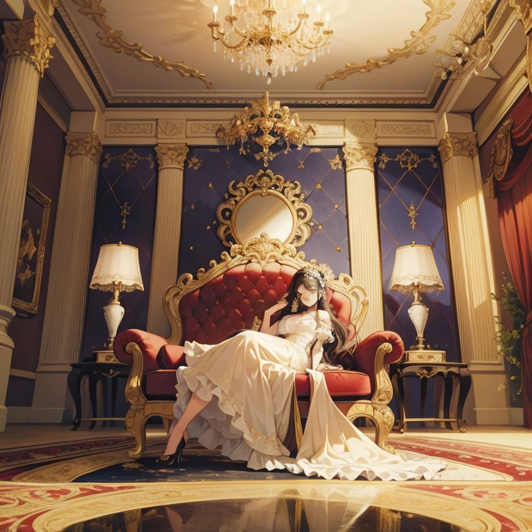There is a picture of the living room,There are a lot of furniture inside, Royal interior, elegant render, Luxurious Rococo Baroque style, Luxurious environment, elegant baroque style, Rococo style, classicism artstyle, The fusion of Rococo and Art Nouveau, Luxurious HD rendering, Rococo Art Style, extremely opulent, Rococo and Baroque, neoclassical style