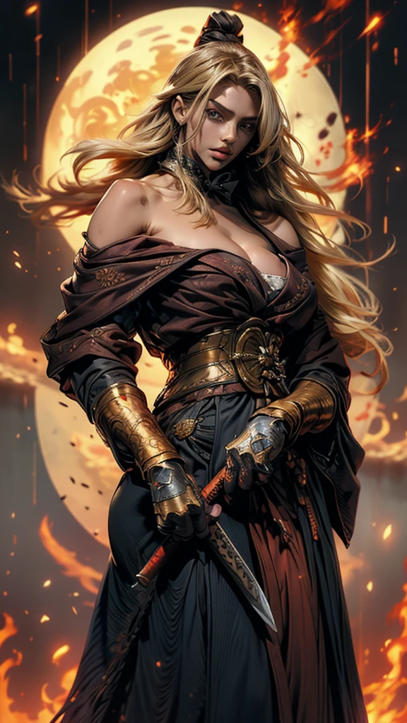 ((masterpiece, best quality)), best res, (medium breasts:1.3), good anatomy, ultra beaultiful face, hot, female, japanese woman, straight fece, extremely detailed face, 4k, detailed eyes, smal, 4 feet tall, (1girl), beautiful, (solo), escanor, (long hair), (golden eyes), (blonde hair), kimono, samurai kimono, one off shoulder, (standing), (parted lips), katana (weapon), katana on the back