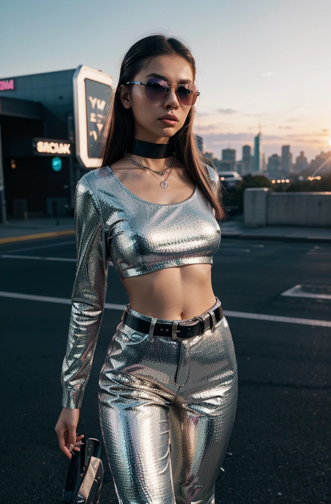 “Create an HD Ultra Realistic image of Young Attractive Asian Woman Sophie Tan in a Y2K-inspired fashion editorial. Sophie is dressed in a metallic silver crop top and matching pleather pants, accessorized with a silver chain belt and tinted sunglasses. The background is a futuristic cityscape with neon signs and a glowing sunset. Use a professional camera with a 70mm lens to capture Sophie’s bold pose and the reflective quality of her outfit (1.3). The cityscape setting should be blurred to ensure Sophie stands out, with post-production enhancing the sunset glow, adding a shimmering overlay, and using a vibrant color filter for a true Y2K editorial look (1.4).”