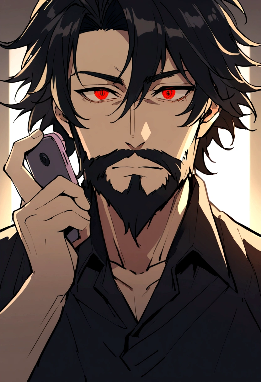1 person, adult, ใบหน้าที่เป็นadult, , middle age , have a beard , beautiful, drug, messy black hair, Crimson eyes, clear and detailed eyes, handsome, high, black clothes, quiet, condescending, (light color, dynamic shading), look at the audience. , phone handle