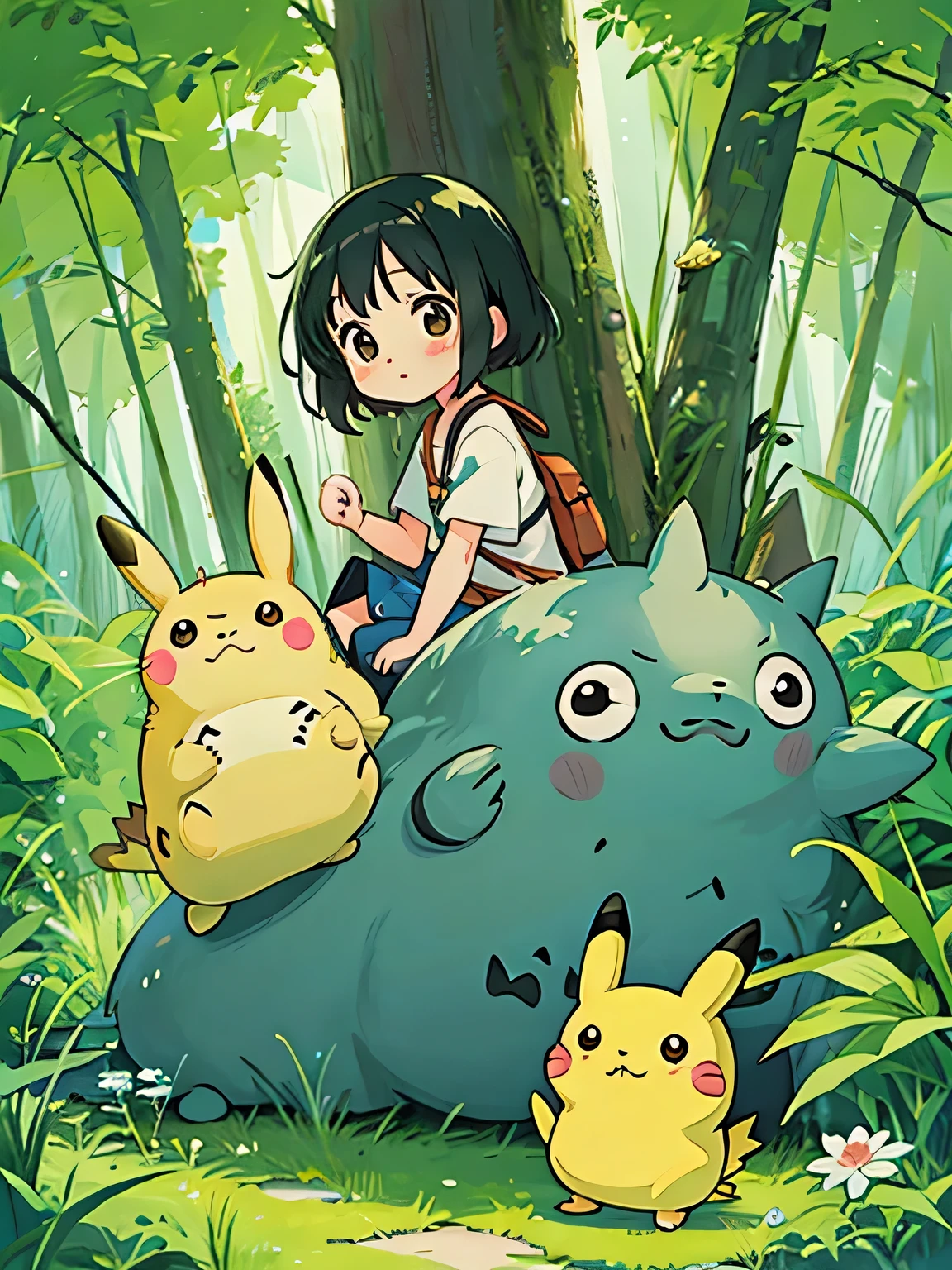 Seizo Watase style、Kawaii Design, most beautiful girl ever、Chibi, (((expedition)))、Pikachu, Totoro, Totoro Forest