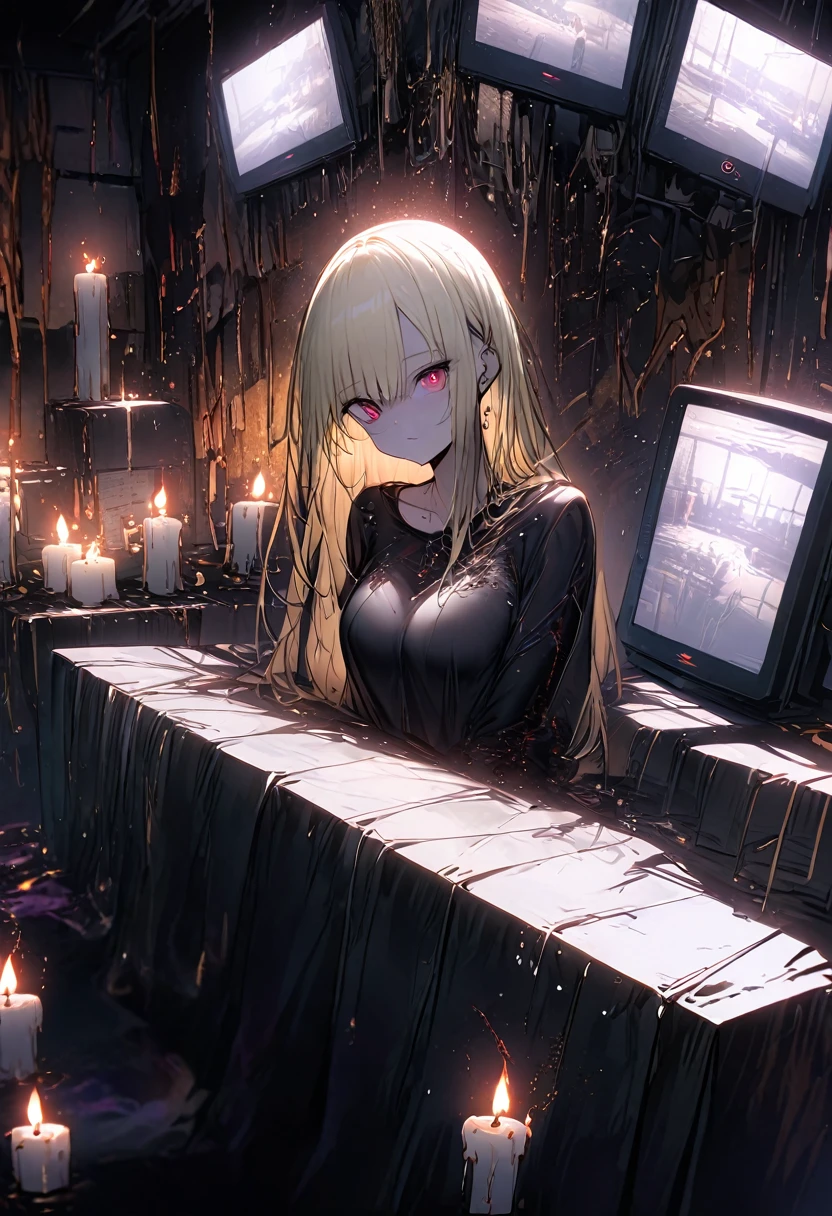 top-quality、Top image quality、masterpiece、girl with((Beautiful fece、20yr old、Best Bust、big bust,Red eyes to issue,Valley、Blonde long hair、A slender and curvaceous body、Black Y-shirt with the second button open、Black Belly Short Skirt、Large valleys))hiquality、Beautiful Art、Background with((darkened room、candle)),Depth((Numerous monitors))masutepiece、visualart、depth of fields、