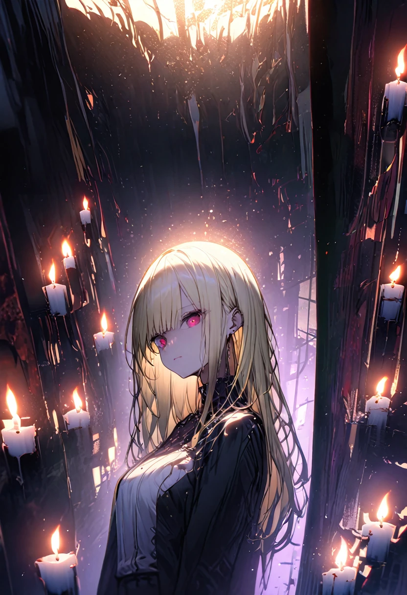 top-quality、Top image quality、masterpiece、girl with((Beautiful fece、20yr old、Best Bust、big bust,Red eyes to issue,Valley、Blonde long hair、A slender and curvaceous body、Black Y-shirt with the second button open、Black Belly Short Skirt、Large valleys))hiquality、Beautiful Art、Background with((darkened room、candle)),Depth((Numerous monitors))masutepiece、visualart、depth of fields、