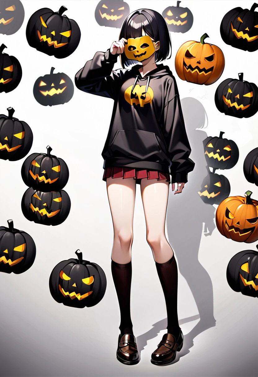 edgy girl, black hoodie, black hair, bob cut, red miniskirt, high socks, brown loafers, black pumpkin mask over her face with a yellow smile on it. Amazing quality, full body view