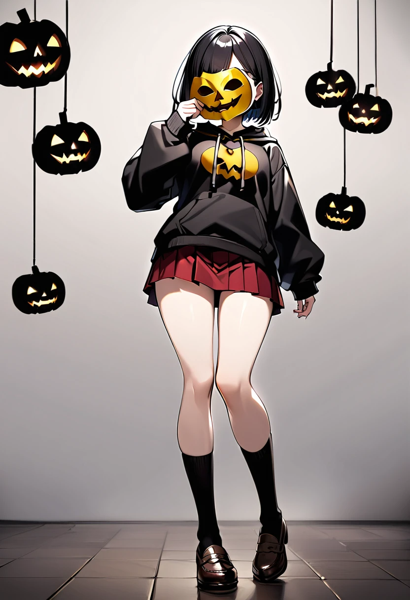 edgy girl, black hoodie, black hair, bob cut, red miniskirt, high socks, brown loafers, black pumpkin mask on the left side of her head with a yellow smile on it. Amazing quality, full body view, snarky grin