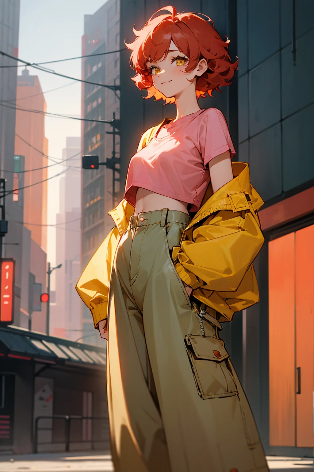 1female, short curly hair, light red hair, pastel red hair, happy expression, yellow eyes, baggy jacket, croptop shirt, baggy pants, city background, detailed background, hands to side, standing on path