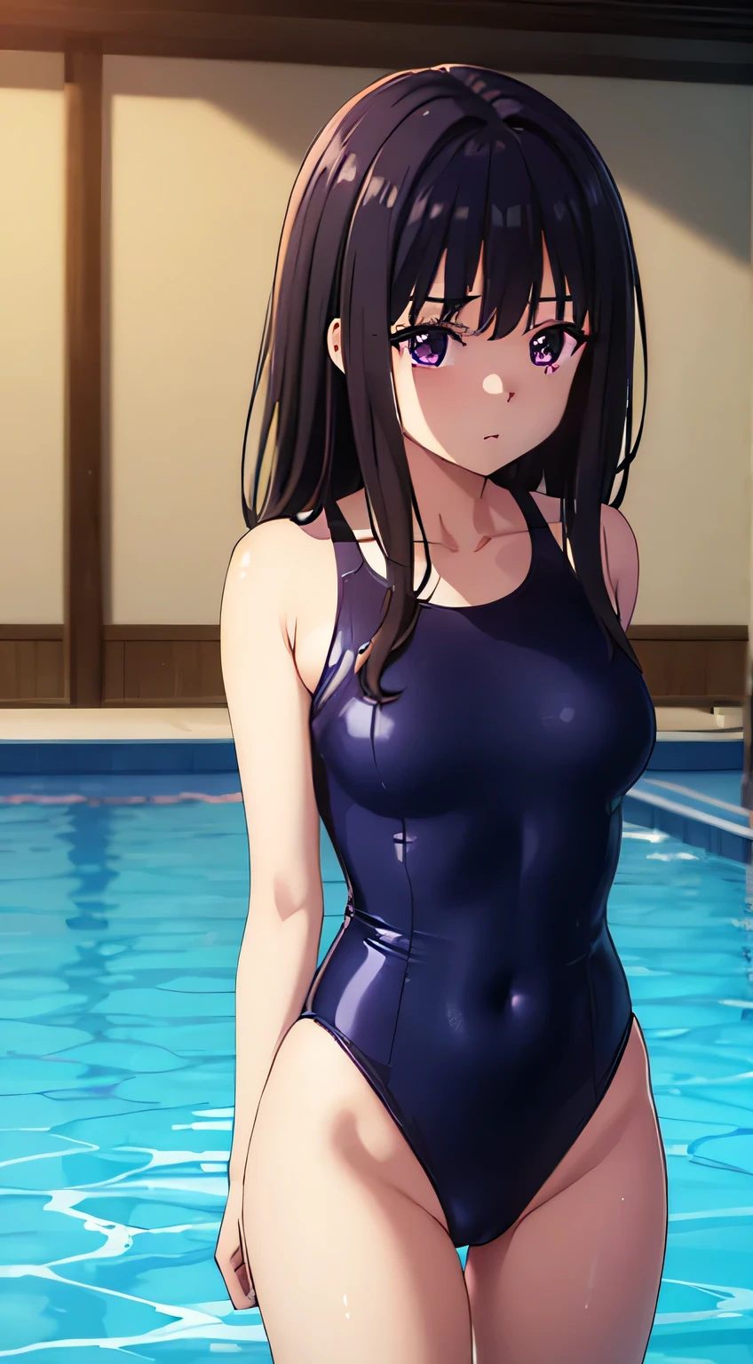 (masterpiece、Highest quality、In 8K、High resolution:1.2)、alone、One Girl、 Takina Inoue、Feeling embarrassed、blush、Purple Eyes、Look at the viewers、whole body、Navy blue swimsuit、Dark blue racing swimsuit、Glossy body、Wet body、Daytime、Poolside、Low - Angle