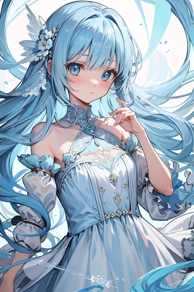 masterpiece, best quality, extremely detailed, (illustration, official art:1.1), 1 girl ,(((( light blue long hair)))), ,(((( light blue long hair)))),light blue hair, long hair ((blush)) , cute face, big eyes, masterpiece, best quality,(((((a very delicate and beautiful girl,))))),Amazing,beautiful detailed eyes,blunt bangs、((((little delicate girl)))),tareme(true beautiful:1.2), sense of depth,dynamic angle, ,Baby Face,flat chest,((super detailed), #3b4195 background, beautiful flowers, berries, ferns, leaves, watercolor pattern of calming colors), (watercolor texture), ((1 girl), cute,