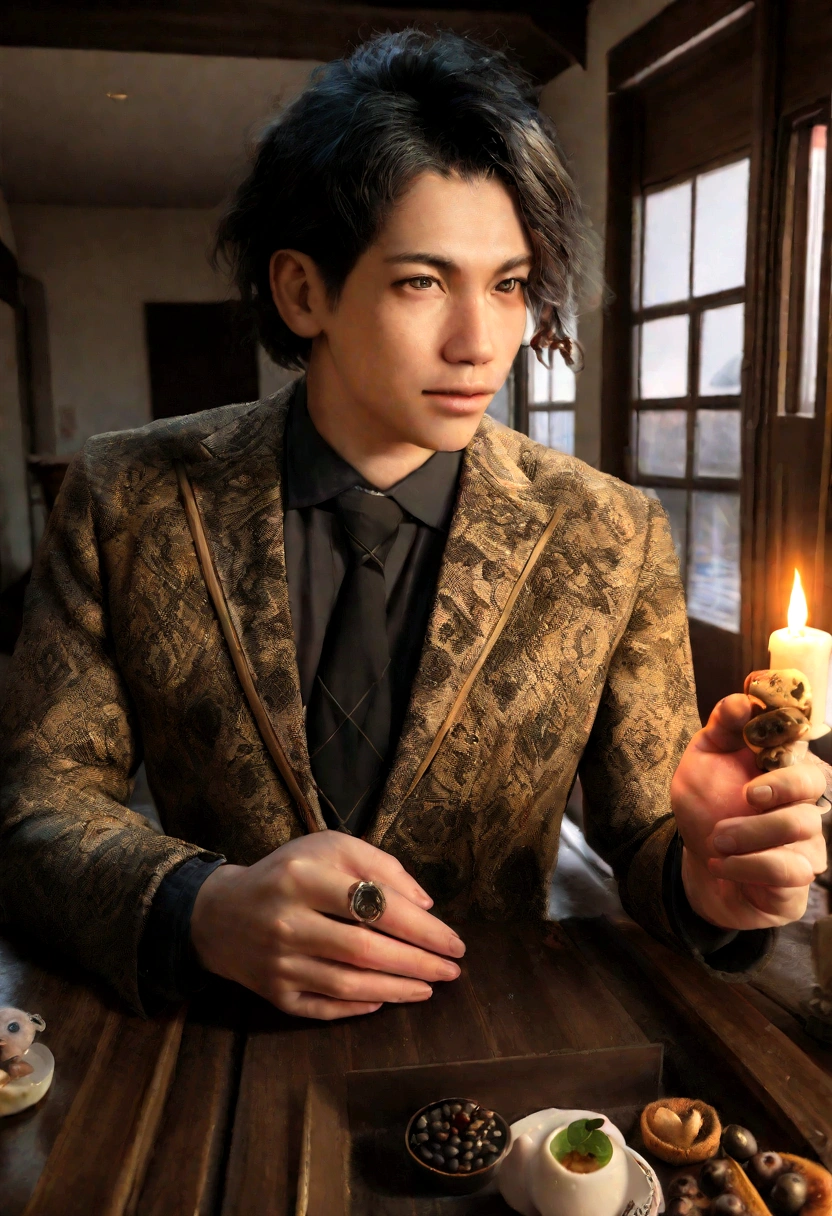 3D realistic photo of 32 year old man, Black hair, yuppie, korean makeup, black olive, bohemian, candlelit, dark academia interior design, dark academia interior design, contemporary architecture, photopainting, autodesk maya, boho clothing, blazer