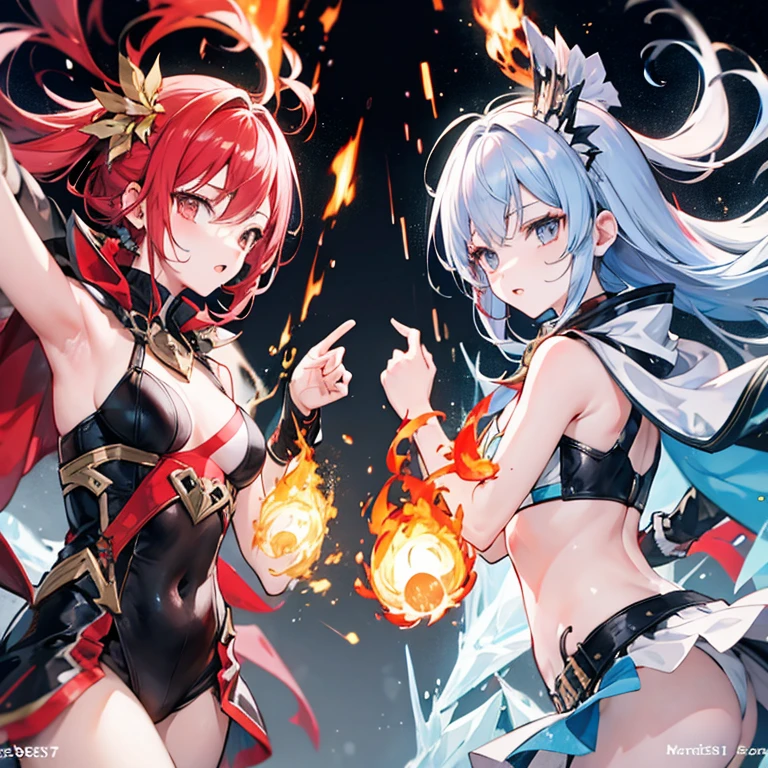 The final battle between the fire-element younger sister and the ice-element older sister