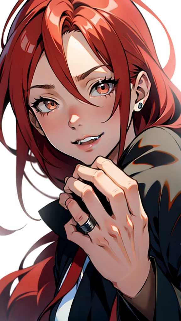 garota de anime com cabelo ruivo e gravata borboleta, [[[[galsoning evily]]]], bright red head, com olhos vermelhos brilhantes, lindo retrato de anime, impressionante retrato de rosto de anime, also, com olhos vermelhos brilhantes, sorriso astuto, retrato detalhado de garota anime, com olhos brilhantes, menino anime de cabelo laranja, retrato de uma garota de anime