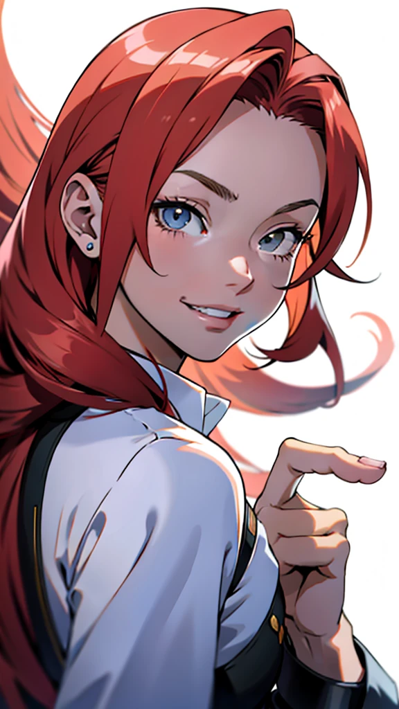 garota de anime com cabelo ruivo e gravata borboleta, [[[[galsoning evily]]]], bright red head, com olhos vermelhos brilhantes, lindo retrato de anime, impressionante retrato de rosto de anime, also, com olhos vermelhos brilhantes, sorriso astuto, retrato detalhado de garota anime, com olhos brilhantes, ****** anime de cabelo laranja, retrato de uma garota de anime