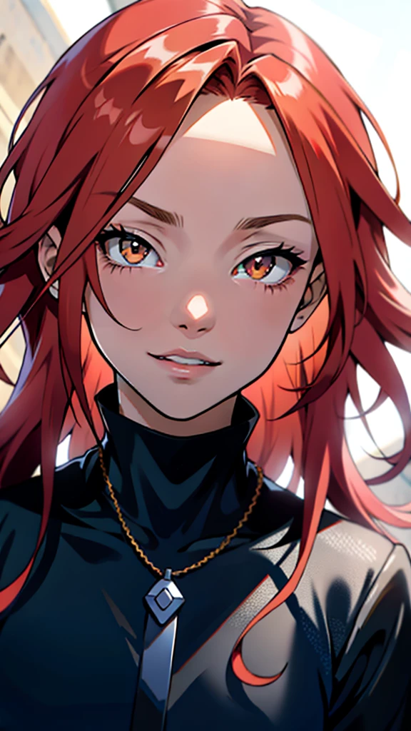 garota de anime com cabelo ruivo e gravata borboleta, [[[[galsoning evily]]]], bright red head, com olhos vermelhos brilhantes, lindo retrato de anime, impressionante retrato de rosto de anime, also, com olhos vermelhos brilhantes, sorriso astuto, retrato detalhado de garota anime, com olhos brilhantes, menino anime de cabelo laranja, retrato de uma garota de anime