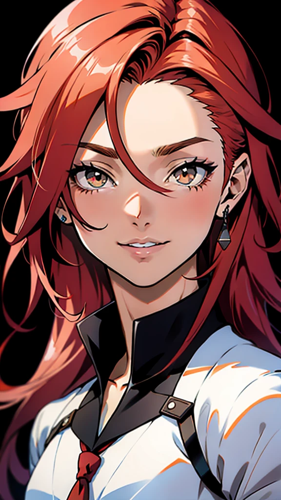 garota de anime com cabelo ruivo e gravata borboleta, [[[[galsoning evily]]]], bright red head, com olhos vermelhos brilhantes, lindo retrato de anime, impressionante retrato de rosto de anime, also, com olhos vermelhos brilhantes, sorriso astuto, retrato detalhado de garota anime, com olhos brilhantes, menino anime de cabelo laranja, retrato de uma garota de anime