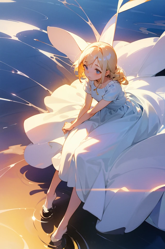 beautiful、beautiful girl、Simple white dress、sit、Stretch out one hand、The girl looks up to the sky、Dripping honey on the body、Honey flows down、sweet、Light、reflection、Fading colors、bright、Low Contrast