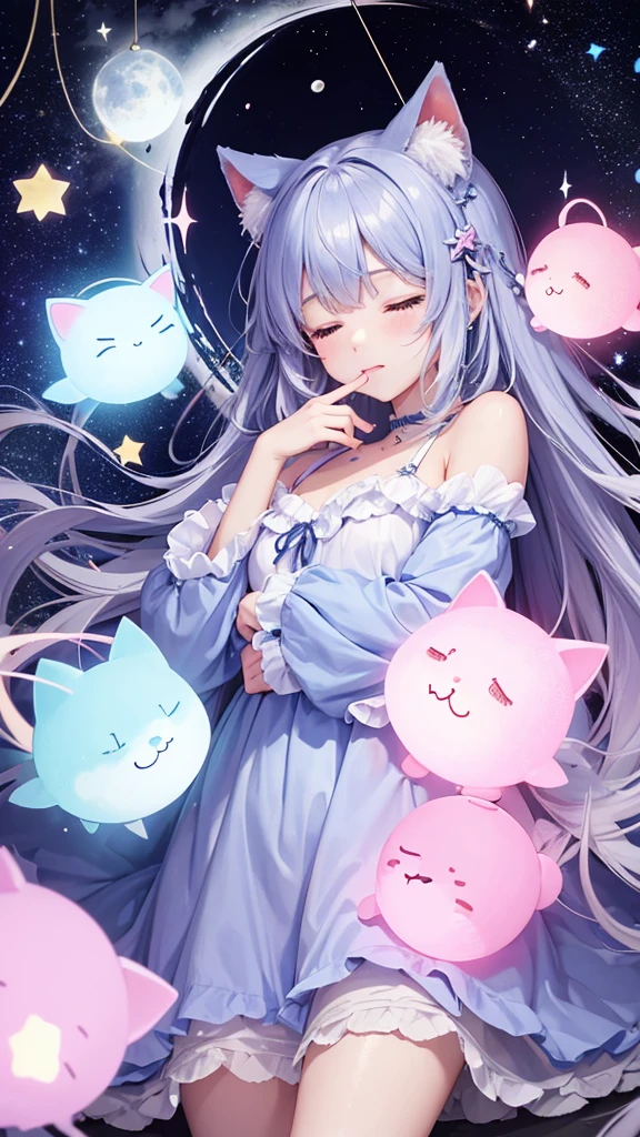 masterpiece, top quality, cute, anime, sit on the crescent and look at the sky, Little, skip your hair, look sideways at me with a cute rabbit (night sky: 1.25), young, starry and endless sky. night. summer. floating hair. cumulonimbus clouds. forest. tree. face focus. cute pink hair; stars; sparkle; rabbit、月、月に座る、月の形、