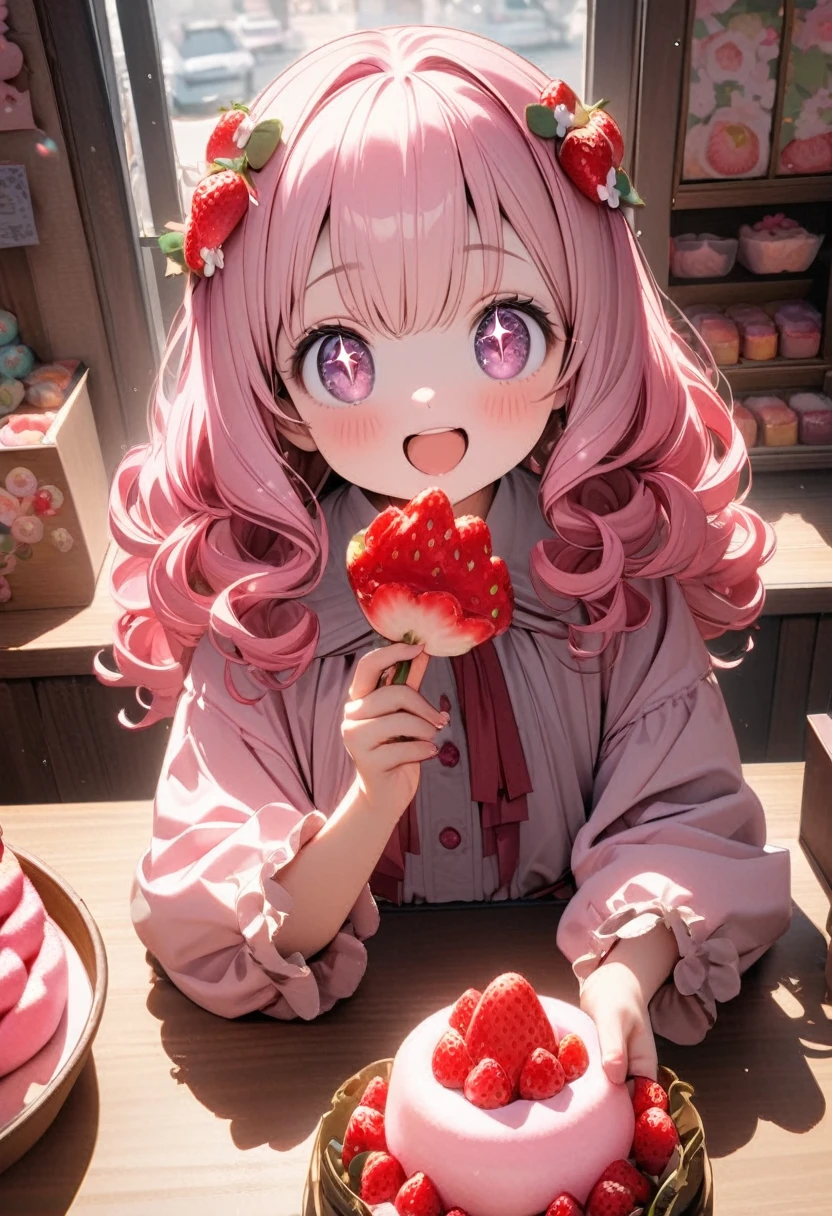 (8K, best quality, master piece: 1.2), super high resolution,1girl,8yo,ultra-detailed face, detailed eyes,sparkling eyes,very long twintails,pink hair,smooth curly hair,strawberry decoration hair accessories,pink eyes, small girl of small stature,cute,strawberry decoration pink ロリータファッション,holding a Strawberry topping Daifuku mochi,happy,open mouth,High Angle,Rim Light,ooking at viewer,There is a table in front of her,A display window filled with Japanese sweets is in the background.,Inside a Japanese confectionery shop