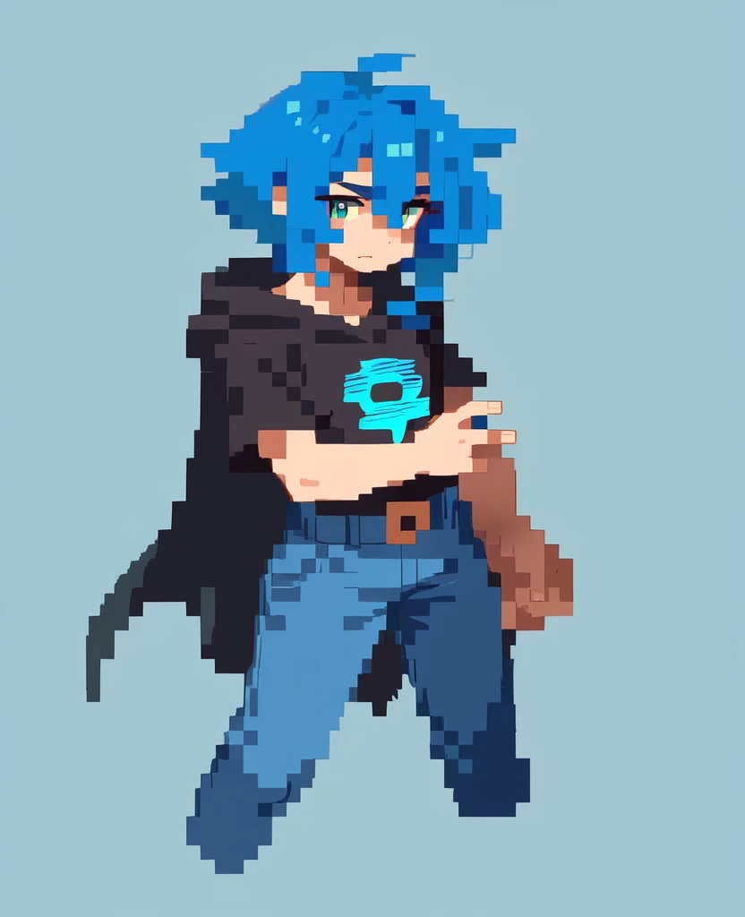 Little funny pixel magician in a dark t-shirt with dark blue pants and a black cloak and blue hair