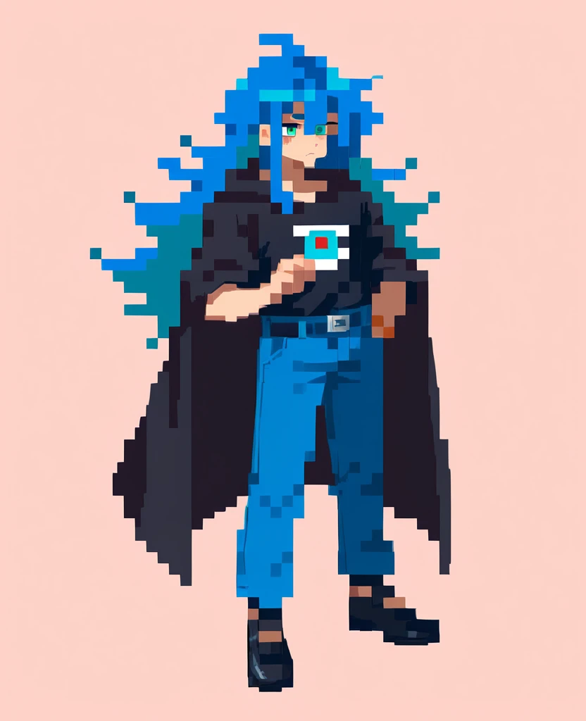 Little funny pixel magician in a dark t-shirt with dark blue pants and a black cloak and blue hair