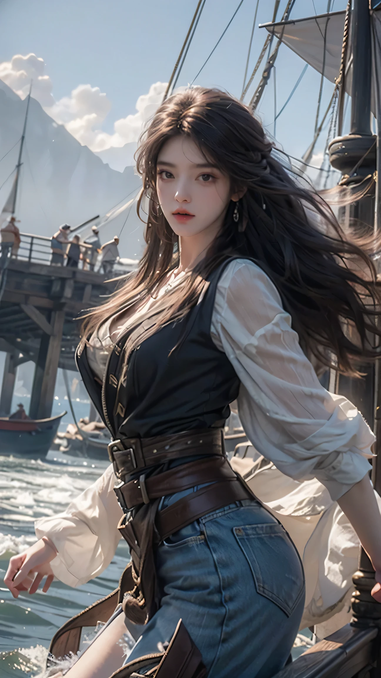 Epic CG masterpiece, hdr,dtm, full ha,8K, ultra detailed graphic tension, dynamic poses, stunning colors, 3D rendering, surrealism, cinematic lighting effects, realism, 00 renderer, super realistic, full - body photos, super vista, super wide Angle, HD
Pirate (Mole under eye:0.8), Milky skin, (shiny skin:1.3)watery eyes,
