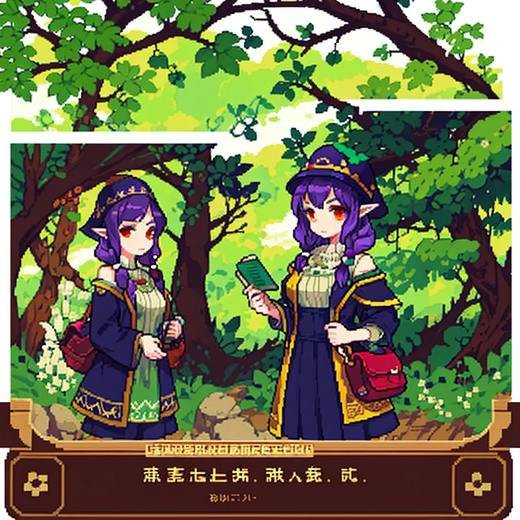 young woman , half-elf , Medium breasts , closed alchemist clothing , hat , dark purple hair , long hair with one braid , orange eyes , calm cold look , holding a book in one hand , shoulder bag, collects medicinal herbs , In the woods, masterpiece ,((Best quality)) , resolution 1080p