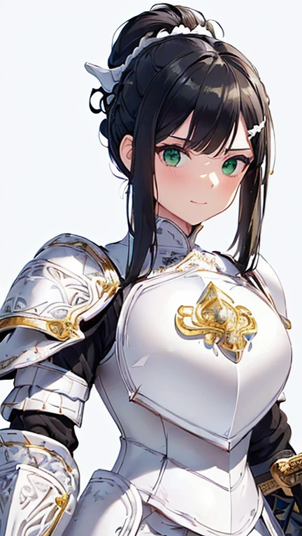 ((Masterpiece: 1.3)), ((Highest quality: 1.2)), ((Very detailed: 1.4)), One Girl, ((Black Hair: 1.1)), ((Updo: 1.1)), Hair Bun, ((White armor: 1.7)), ((Simple armor: 1.7)), (((Woman warrior))), Green Eyes, Smile, ((Simple Background: 1.2)), (ornate hairpin in the shape of a sword: 1.6), (Green earrings: 1.1), (tsurime: 1.2)