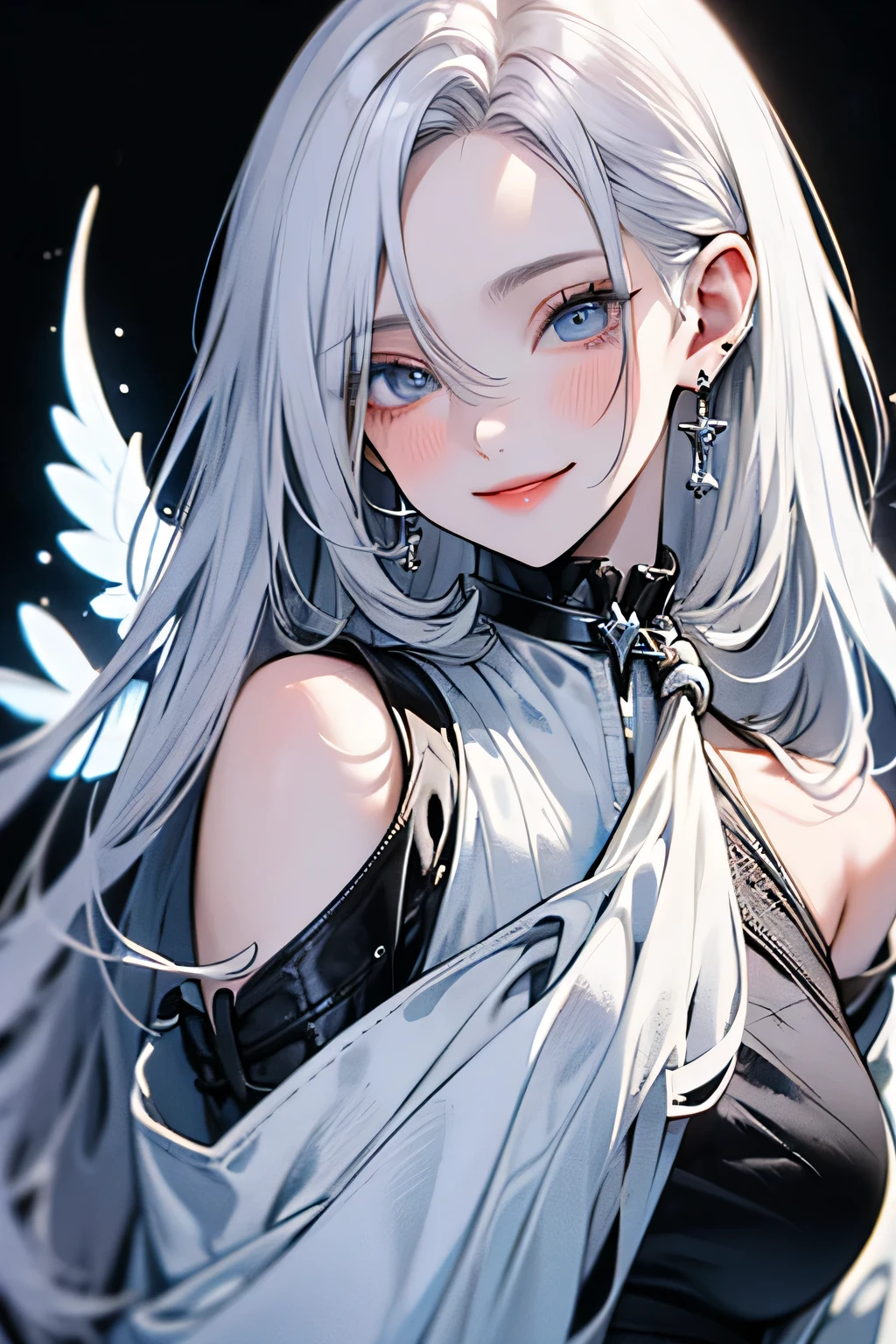 masterpiece, best quality, ultra-high-detailed, smile, white hair, light blue eyes, looking to viewer, black background, upper shoulder , manghwa style, age 25,