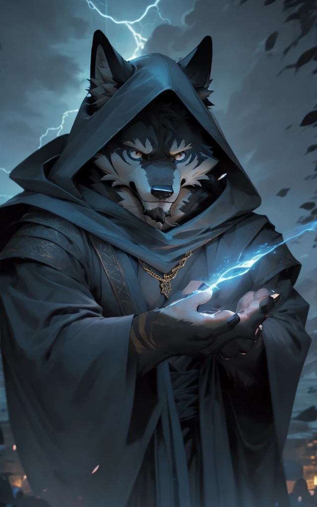 ((best quality)), ((masterpiece)), (detailed), Perfect face,Solitary,Beast field,night,fantasy,rain,thunder,Black fur,Gold Stripes,Anthropomorphic Black Wolf.Wearing a robe that fits his muscles, A long blue cape draped over his shoulders.Golden Eyes,magic,Wizard wearing a hood