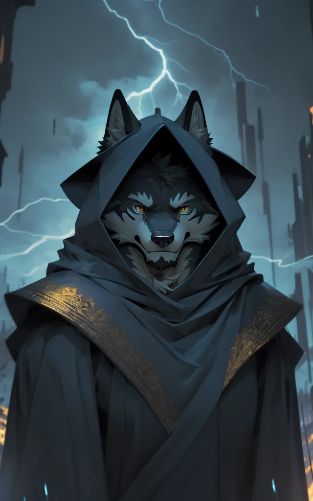 ((best quality)), ((masterpiece)), (detailed), Perfect face,Solitary,Beast field,night,fantasy,rain,thunder,Black fur,Gold Stripes,Anthropomorphic Black Wolf.Wearing a robe that fits his muscles, A long blue cape draped over his shoulders.Golden Eyes,magic,Wizard wearing a hood