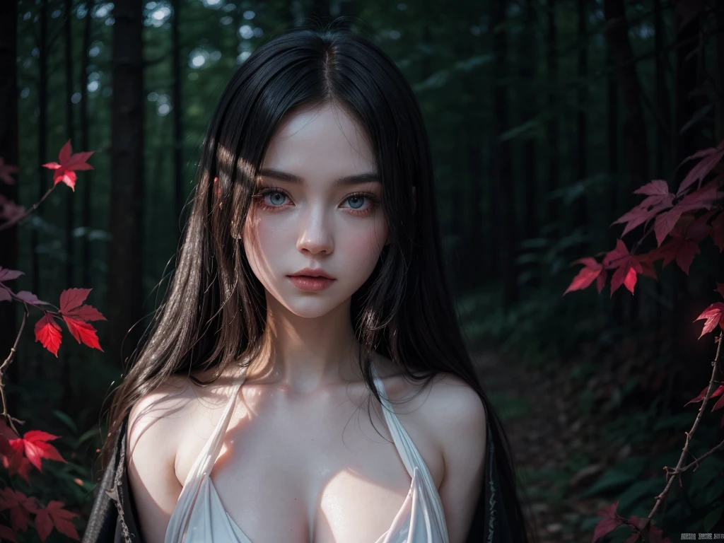 A beautiful short nymph covering her breasts with her hands in the middle of a dense forest in a forest at night, blurred background, realistic portrait style 