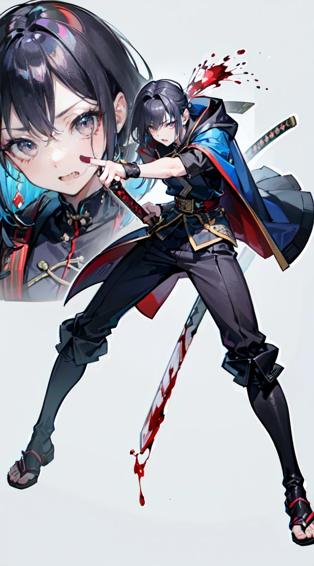 (((the best质量, high resolution, masterpiece, masterpiece, the best, high resolution))).(Pianfei), (the best质量), Very detailed, 1 girl, Perfect face, (Full body photo of the individual:1.3), Very detailed顔,Gray long hair,Blood red eyes,crazy的表情,Sword-crazy woman,Sword Maniac,Maniacal expression,Battle maniacs,Fighting Stance,Samurai sword,Military coat,Blood all around,Fighting Stance,Sword in both hands,Nodachi,Extra long sword,Battle maniacs,Crazy expression,Pupil constriction,crazy,Bloodthirst,Extremely detailed facial expressions,Close-up of facial expressions,crazy的表情,An expression eager to fight,The expression of excitement due to the fight