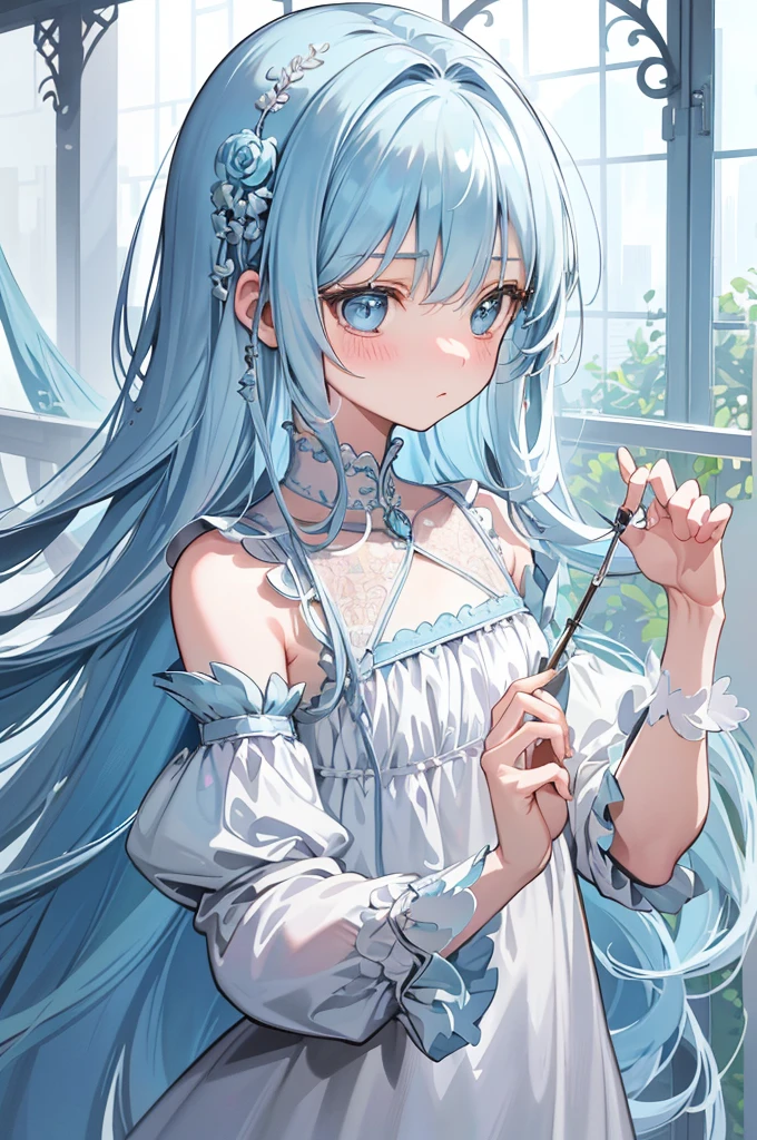 masterpiece, best quality, extremely detailed, (illustration, official art:1.1), 1 girl ,(((( light blue long hair)))), ,(((( light blue long hair)))),light blue hair, long hair ((blush)) , cute face, big eyes, masterpiece, best quality,(((((a very delicate and beautiful girl,))))),Amazing,beautiful detailed eyes,blunt bangs、((((little delicate girl)))),tareme(true beautiful:1.2), sense of depth,dynamic angle, ,Baby Face,flat chest,((super detailed), #3b4195 background, beautiful flowers, berries, ferns, leaves, watercolor pattern of calming colors), (watercolor texture), ((1 girl), cute,
