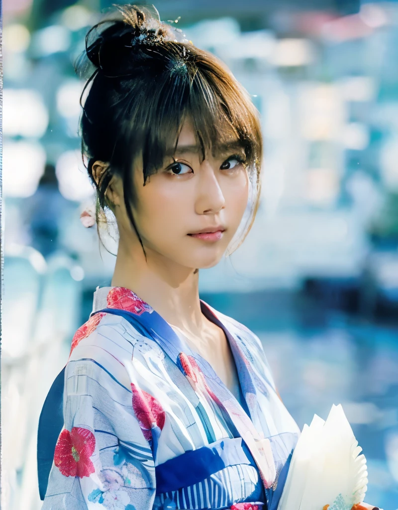 (Highest quality、8k、32K、masterpiece、Ultra-high resolution、Hmph:1.3)、(Japanese Idols:1.3)、One Girl、(Huge boobs)、Abdominal muscles、Perfect body、Delicate facial features, Ultra-realistic, Surreal, clavicle、Shadow、Octane Rendering、Ultra detailed face、Detailed lips、Finely grained、double eyelid、(attractive)、((Stir:1.5))、Mystical Expressions、Shrine Background、Toostook、High Contrast、(Light blue yukata),Heavy chest、((Glamorous Jar))、ponytail、Big Eyes、Double eyelids