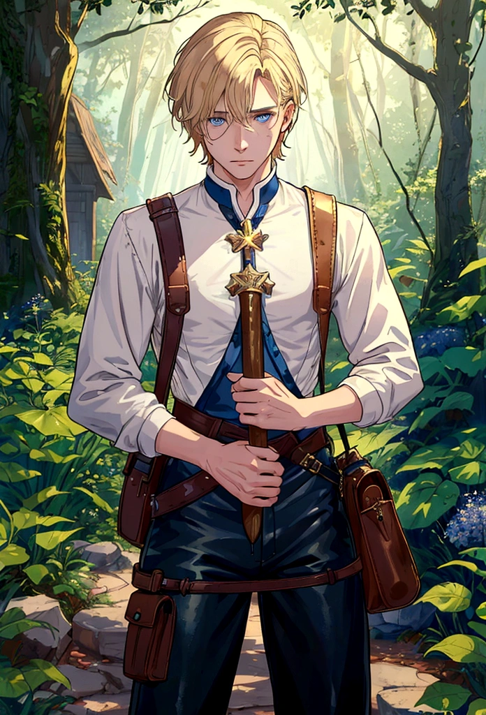 ((Best quality)), ((Masterpiece)), (Detailed): John Hanson, age 22, short blond hair, blue eyes, average build, slightly rugged appearance, wearing a simple tunic and leather trousers, serious yet kind expression, fair skin with a few freckles, carrying a leather satchel and a small enchanted dagger, background of a dense forest or medieval village, alert and ready stance.