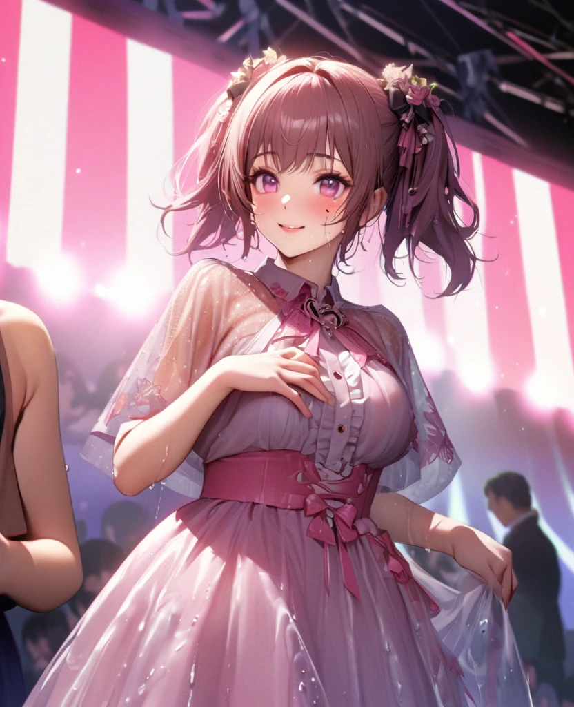 One Girl、Looking at the audience、lovely,
Beautiful pink eyes、short twin tail hair , Mole under the eye、Plump and glossy lips、Heart-shaped choca、Idol、Her name is Rico,smile、ー、。.。.。.。.。.。.。.。.。.。.。.。.。.。.。.。.。.。.3D、Realistic、
The idol's costume was soaked in the heavy rain, and her chest was wet and transparent.Heavy rain at outdoor concert, Drape clothes、gem、The decoration has been removed、Floral、Lace trim,On a glittering stage、
masterpiece、highest quality、8k、Detailed skin texture、Detailed cloth texture、Beautifully detailed face、Intricate details、Very detailed、
超A high resolution、8k Ultra HD、Film Grain、Best Shadow、delicate、Gazing at the audience、front