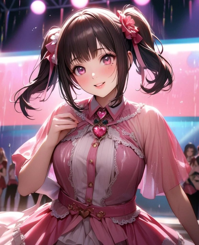 One Girl、Looking at the audience、lovely,
Beautiful pink eyes、short twin tail hair , Mole under the eye、Plump and glossy lips、Heart-shaped choca、Idol、Her name is Rico,smile、ー、。.。.。.。.。.。.。.。.。.。.。.。.。.。.。.。.。.。.3D、Realistic、
The idol's costume was soaked in the heavy rain, and her chest was wet and transparent.Heavy rain at outdoor concert, Drape clothes、gem、The decoration has been removed、Floral、Lace trim,On a glittering stage、
masterpiece、highest quality、8k、Detailed skin texture、Detailed cloth texture、Beautifully detailed face、Intricate details、Very detailed、
超A high resolution、8k Ultra HD、Film Grain、Best Shadow、delicate、Gazing at the audience、front
