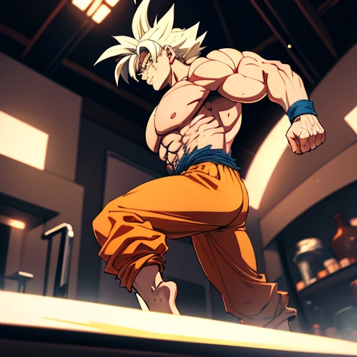(Eine detaillierte Zeichnung von goku, Bodybuilding-Fitnessstudio.),Anime Bild, With bare upper body, tearing clothes, the strongest of all, huge muscular body, Big Bizeps, large shoulders, Muskelbeine,Abs, Barefoot, Kampfkunst, Kick with foot, Full body image, Rear view, seitliche Brust, knirschen, beserk, Barefoot, sole of the foot , Zehen, Anime stil
