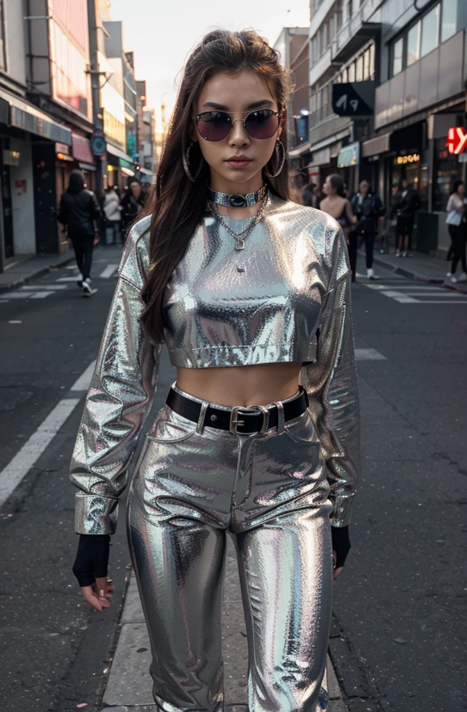 “Create an HD Ultra Realistic image of Young Attractive Asian Woman Sophie Tan in a Y2K-inspired fashion editorial. Sophie is dressed in a metallic silver crop top and matching pleather pants, accessorized with a silver chain belt and tinted sunglasses. The background is a futuristic urban street scene with neon signs and a glowing sunset. Use a professional camera with a 70mm lens to capture Sophie’s bold pose and the reflective quality of her outfit (1.3). The street setting should be blurred to ensure Sophie stands out, with post-production enhancing the sunset glow, adding a shimmering overlay, and using a vibrant color filter for a true Y2K editorial look (1.4).”