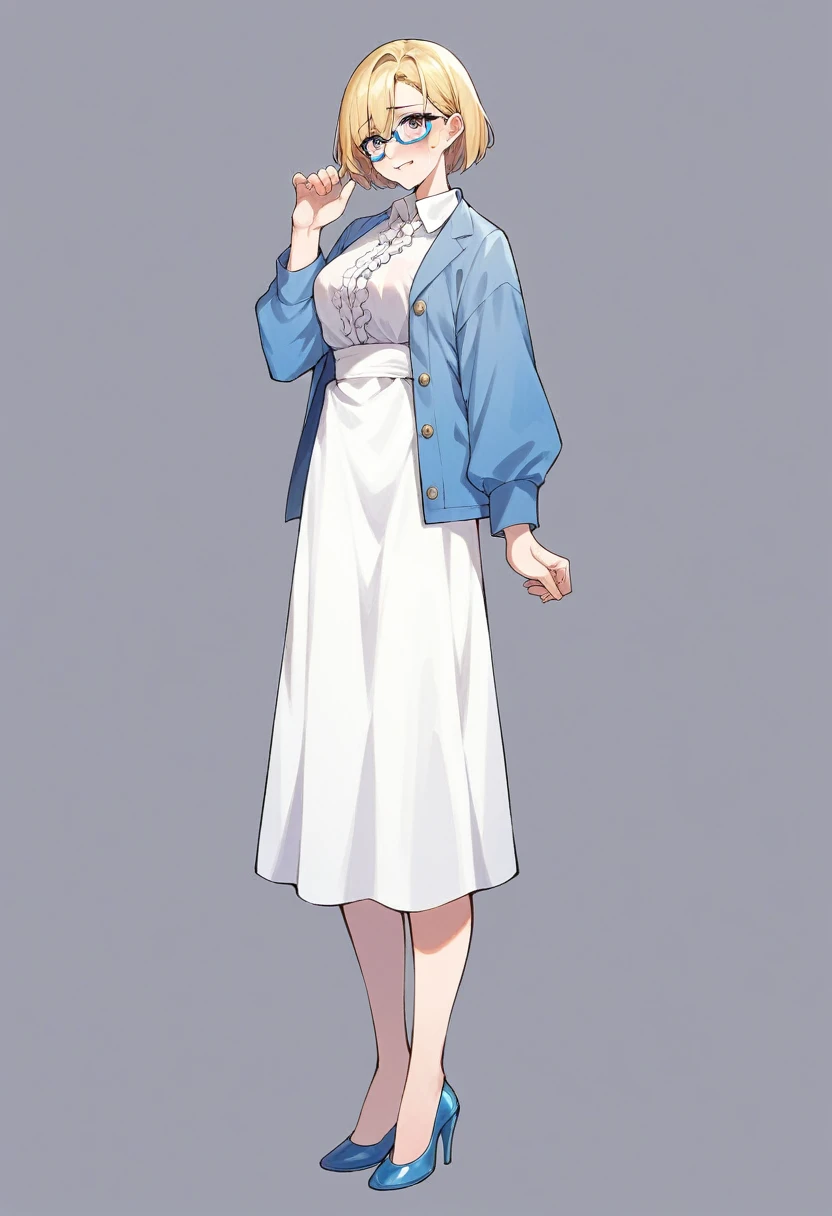 beautiful woman, beautiful face, solo, full body, standing, medium bob cut blonde hair, light blue eyes, two points glasses, medium breasts, blue opened short jacket, white blouse, white pleats Slightly longer skirt, (calf of legs), blue high heels, crying, blushing, (pinch one's her glasses), perfect hands and perfect fingers, temptation pose, black background, no background, pastel 2d art, matte painting, anime, masterpiece