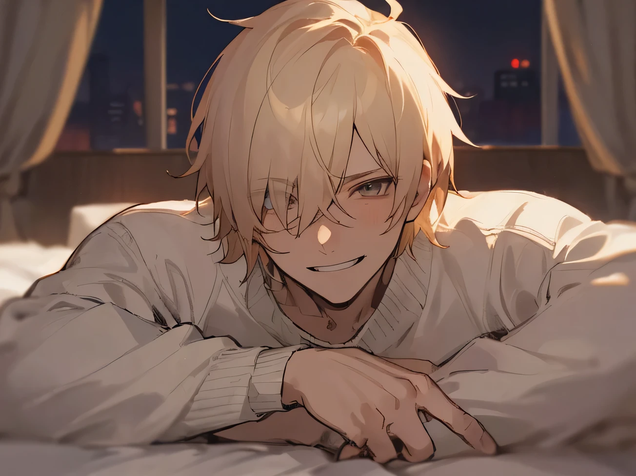 Working Adults.,male,Handsome,Cool vibe,I,Blonde,mash,Gloomy mood(Masseter muscle area,Viewer Perspective,Upper Body,Face close-up,Horny,Wicked Smile,Yandere atmosphere,,Night atmosphere,sweater,,Hotel room bed